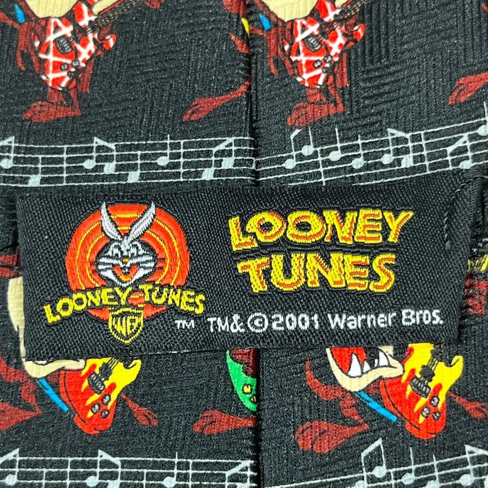 VTG 2001 Looney Tunes Necktie Mens Black Taz Tasmanian Devil Rock Guitar Music